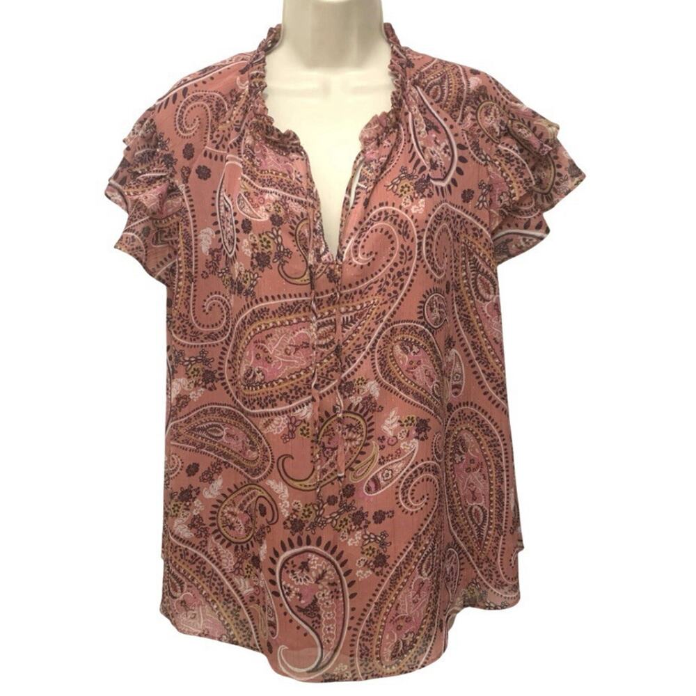 Rachel Zoe Pink Paisley Ruffle Blouse XL Boho Flutter Sleeve Fully Lined